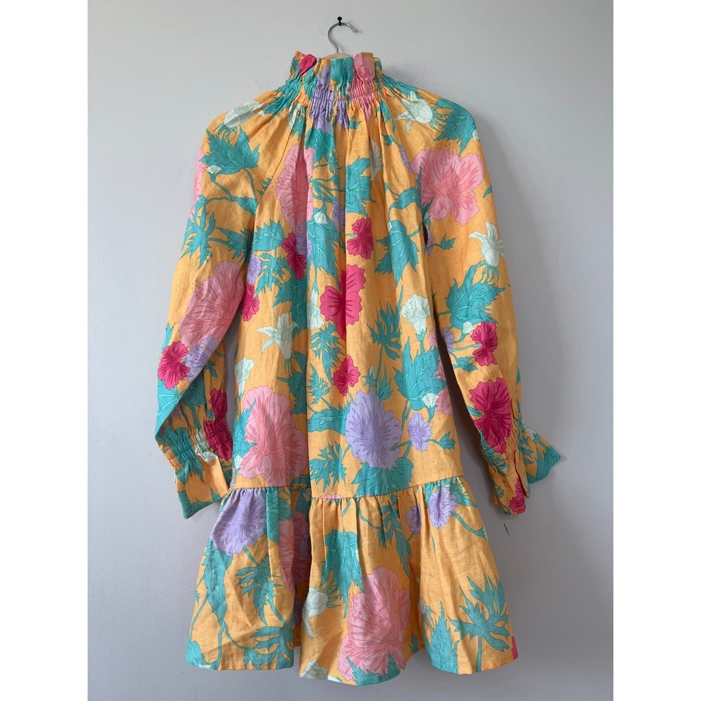 NEW Ephemera Tiered Mock Neck Garland Smock Colorful Floral Yellow Mini Dress - Picture 6 of 9